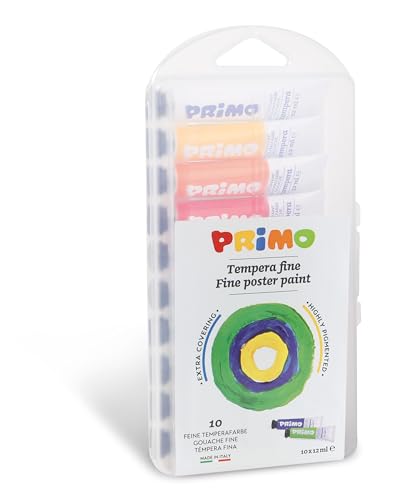 Primo – Temperafarben für Kinder ab 3 Jahren, 10 Tuben zu 12 ml, Wasserlösliche Farben für Kinder, Dichte Abdeckende, Feine Temperafarben für Stoffe, Papier, Glas, Kreative Arbeiten für Kinder von Primo