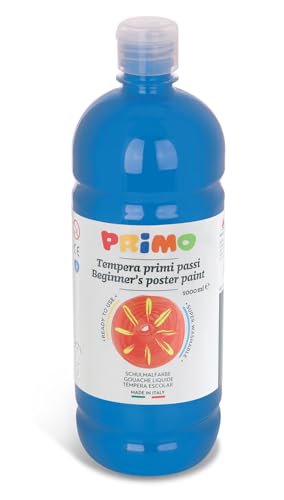 PRIMO Schulmalfarbe Tempera Farbe für Kinder | 1000 ml Flasche mit Dosierverschluss | Malen, Basteln | große Farbauswahl | Gebrauchsfertig für Schule und Zuhause (cyanblau), Hellblau von Primo