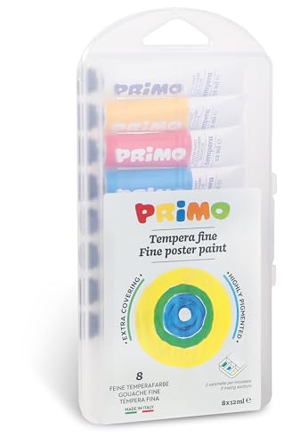 Primo – Temperafarben für Kinder ab 3 Jahren, 8 Tuben zu 12 ml, Wasserlösliche Farben für Kinder, Dichte Abdeckende, Feine Temperafarben für Stoffe, Papier, Glas, Kreative Arbeiten für Kinder von Primo