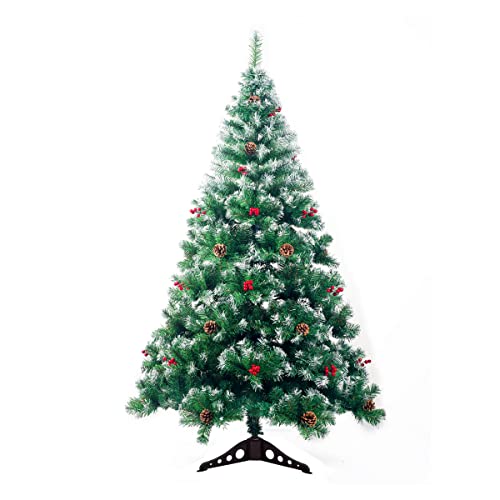 Künstlicher Weihnachtsbaum 120 cm mit Schnee-Effekt und Tannenzapfen - Weihnachtsbaum Metallständer Metall Standfuß Schnee Beeren Rot Grün (P-14554) von PrimoLiving