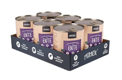 PRIMOX® Fleischmecker Hunde-Nassfutter | Getreidefrei | 70% Fleisch & Innereien | Made in Germany & 100% Natürlich | Omega-3 für Haut & Fell | Gluten- & Laktosefrei (Ente, 6x800 g) von Primox