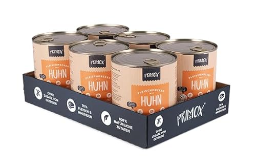 PRIMOX® Fleischmecker Hunde-Nassfutter | Getreidefrei | 70% Fleisch & Innereien | Made in Germany & 100% Natürlich | Omega-3 für Haut & Fell | Gluten- & Laktosefrei (Huhn, 6x800 g) von Primox