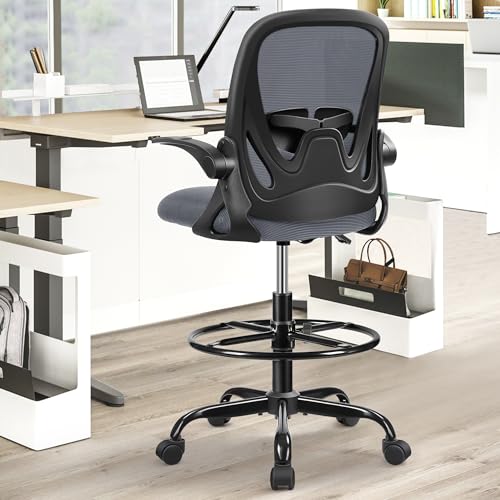 Primy Ergonomisches Bürostuhl, höhenverstellbarer Zeichenstuhl mit klappbaren Armlehnen und Verstellbarer Lendenstütze mit Fußstützenring, Familiendrehstuhl (Dunkelgrau) von Primy