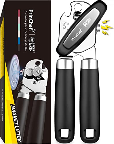 Dosenöffner mit Magnet – kein Ärger Deckelheben, manueller Dosenöffner, glatte Kante, weichen Gummigriffen bequem und sicher, Flaschenöffner, einfach zu bedienen robust, schwarz von PrinChef