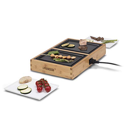 Princess Dinner4Two Tischgrill mit Bambus, Raclette, 2 Grill- und 2 Servierplatten, 420W, 2m Kabellänge, 104020 von Princess