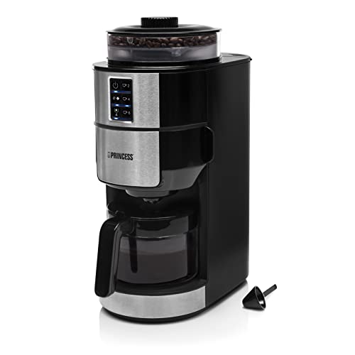 Princess 249408 Grind & Brew Compact Kaffeemaschine, mit integriertem Mahlwerk, Mahlgrad und Kaffeestärke einstellbar, bis 6 Tassen, 750 Watt Leistung, Schwarz von Princess