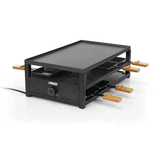 Princess Raclette Black Steel – 8 Personen Parkdeck für Pfännchen große Kochfläche 44 x 25 cm regelbarer Thermostat 1300 Watt, 162655 von Princess