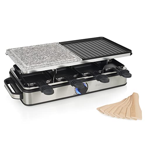 Princess Raclette-Grill Deluxe – mit Stein- & Aluminiumplatte, doppelseitig, 8 Personen, Raclette Pfännchen, 1400 W, Thermostat, Edelstahl, gebürstet, 162635 von Princess