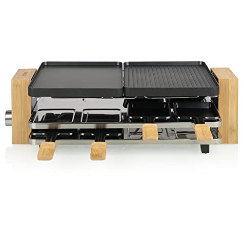 Princess Raclette Pure 8 – Personen 2 wendbare Grillplatten Kochfläche x 21 cm x 23 Parkdeck Thermostat verstellbar natürliches Bambusgehäuse inkl. Pfännchen 1300 W, 01.162918.01.001, Schwarz, Bambus von Princess