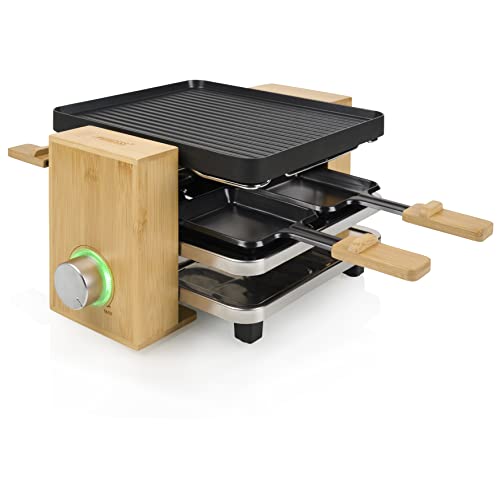 Princess SDA 162950 Raclette Pure 4 – Bambusausführung für bis zu Personen regelbares Thermostat 800 Watt Pfännchen und Spatel, 01.162950.01.001, Bambus/Schwarz von Princess