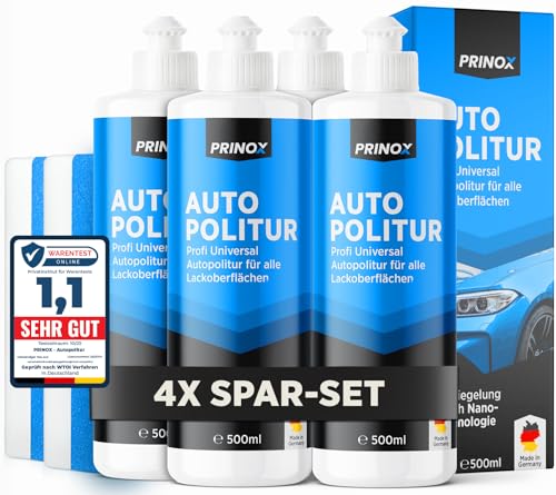 PRINOX 4x Profi Autopolitur 500ml inkl. Polierschwamm für alle Lacke - Schwarz, Weiß, Buntlacke, Metalliclacke I Auto Politur mit Nanoversiegelung zum Kratzer entfernen - Made in DE von Prinox
