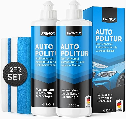 PRINOX® Profi Autopolitur 2x 500ml inkl. Polierschwamm für alle Lacke - Schwarz, Weiß, Buntlacke, Metalliclacke I Auto Politur mit Nanoversiegelung zum Kratzer entfernen - Made in DE von Prinox