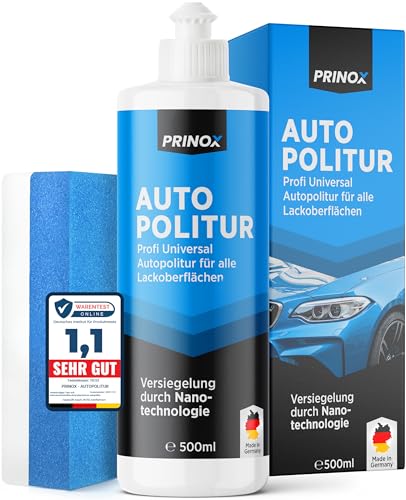 PRINOX® Profi Autopolitur 500ml inkl. Polierschwamm für alle Lacke - Schwarz, Weiß, Buntlacke, Metalliclacke I Auto Politur mit Nanoversiegelung zum Kratzer entfernen - Made in DE von Prinox