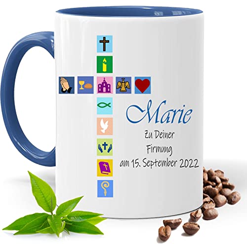 Firmung Geschenk, bedruckte Tasse personalisiert mit Namen und Datum Kirchliche Symbole| Geschenk Idee| Kaffee Tee Tasse | Fototasse, Motivtasse | Kaffeetasse, Teetasse |Keramik (Blau) von Print Deluxe