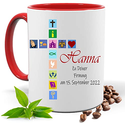 Firmung Geschenk, bedruckte Tasse personalisiert mit Namen und Datum Kirchliche Symbole| Geschenk Idee| Kaffee Tee Tasse | Fototasse, Motivtasse | Kaffeetasse, Teetasse |Keramik (Rot) von Print Deluxe