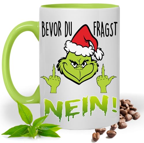 Grinch Tasse mit Lustigem Spruch, Bevor du fragst Nein! |Geschenk Idee| Kaffee Tee Bürotasse | Fototasse, Motivtasse | Kaffeetasse, Teetasse |Keramik (Hellgrün) von Print Deluxe