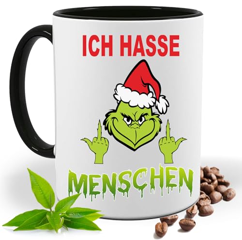 Grinch Tasse mit Lustigem Spruch, Ich hasse Menschen Mittelfinger|Geschenk Idee| Kaffee Tee Bürotasse | Fototasse, Motivtasse | Kaffeetasse, Teetasse |Keramik (Schwarz) von Print Deluxe
