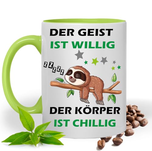 Kaffeetasse mit Lustigem Spruch Der Geist ist willig- der Körper ist chillig Tasse |Geschenk Idee| Kaffee Tee Bürotasse | Fototasse, Motivtasse | Kaffeetasse, Teetasse |Keramik (Hellgrün) von Print Deluxe