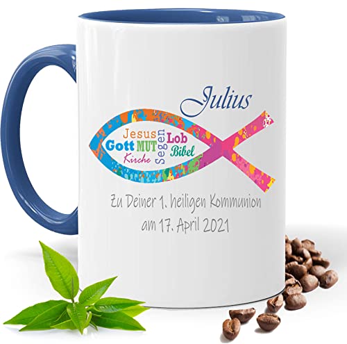 Kommunion Geschenk, bedruckte Bunte Fisch Tasse personalisiert mit Namen und Datum |Geschenk Idee| Kaffee Tee Tasse | Fototasse, Motivtasse | Kaffeetasse, Teetasse |Keramik (Blau) von Print Deluxe