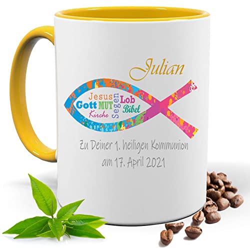 Kommunion Geschenk, bedruckte Bunte Fisch Tasse personalisiert mit Namen und Datum |Geschenk Idee| Kaffee Tee Tasse | Fototasse, Motivtasse | Kaffeetasse, Teetasse |Keramik (Gelb) von Print Deluxe