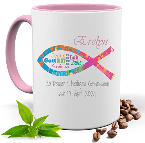 Kommunion Geschenk, bedruckte Bunte Fisch Tasse personalisiert mit Namen und Datum |Geschenk Idee| Kaffee Tee Tasse | Fototasse, Motivtasse | Kaffeetasse, Teetasse |Keramik (Rosa) von Print Deluxe