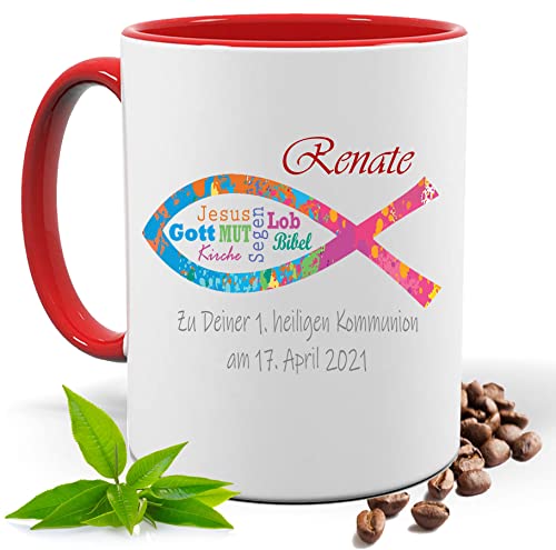 Kommunion Geschenk, bedruckte Bunte Fisch Tasse personalisiert mit Namen und Datum |Geschenk Idee| Kaffee Tee Tasse | Fototasse, Motivtasse | Kaffeetasse, Teetasse |Keramik (Rot) von Print Deluxe
