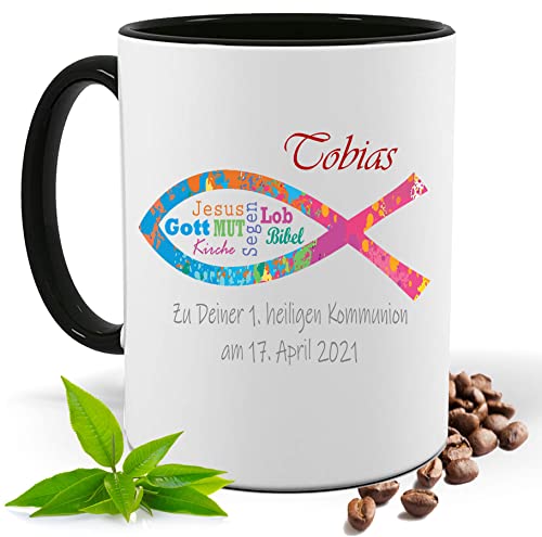 Kommunion Geschenk, bedruckte Bunte Fisch Tasse personalisiert mit Namen und Datum |Geschenk Idee| Kaffee Tee Tasse | Fototasse, Motivtasse | Kaffeetasse, Teetasse |Keramik (Schwarz) von Print Deluxe