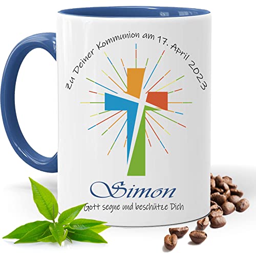 Kommunion Geschenk, bedruckte Gott segne Dich Tasse personalisiert mit Namen und Datum |Geschenk Idee| Kaffee Tee Tasse | Fototasse, Motivtasse | Kaffeetasse, Teetasse |Keramik (Blau) von Print Deluxe