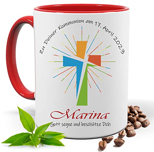 Kommunion Geschenk, bedruckte Gott segne Dich Tasse personalisiert mit Namen und Datum |Geschenk Idee| Kaffee Tee Tasse | Fototasse, Motivtasse | Kaffeetasse, Teetasse |Keramik (Rot) von Print Deluxe