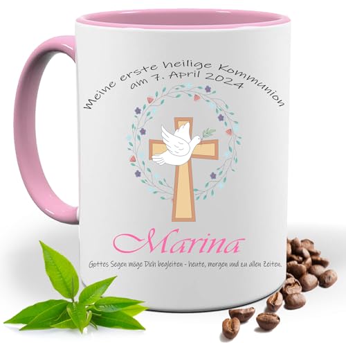 Kommunion Geschenk, bedruckte Tasse personalisiert mit Namen und Datum, Kreuz Taube, Symbole |Geschenk Idee| Kaffee Tee Tasse | Fototasse, Motivtasse | Teetasse |Keramik (Rosa) von Print Deluxe