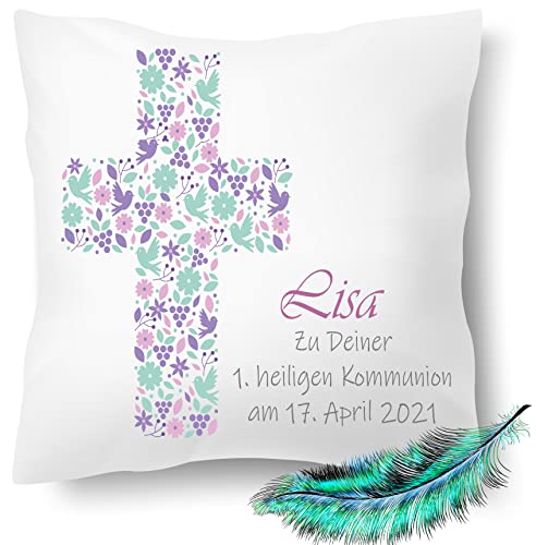 Print Deluxe Kommunion Geschenk, bedrucktes Kissen personalisiert mit Namen und Datum |Geschenk Idee,Dekokissen | Kuschelkissen 40X40 Bedruckt | Kissenbezug (ohne Kissenfüllung, Pink / Grün) von Print Deluxe