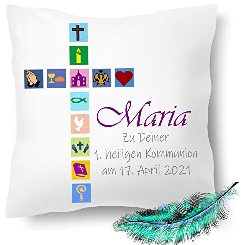 Print Deluxe Kommunion Geschenk, bedrucktes Kissen personalisiert mit Namen und Datum | Kirchliche Symbole |Geschenk Idee,Dekokissen | Kuschelkissen 40X40 Bedruckt | Kissenbezug (mit Kissenfüllung) von Print Deluxe