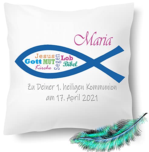 Kommunion Geschenk, bedrucktes Kissen personalisiert mit Namen und Datum | Kirchliches Fisch Symbole |Geschenk Idee,Dekokissen | Kuschelkissen 40X40 bedruckt (ohne Kissenfüllung, Einfarbig) von Print Deluxe