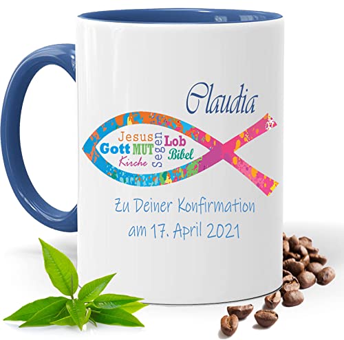 Konfirmation Geschenk, bedruckte Bunte Fisch Tasse personalisiert mit Namen und Datum |Geschenk Idee| Kaffee Tee Tasse | Fototasse, Motivtasse | Kaffeetasse, Teetasse |Keramik (Blau) von Print Deluxe