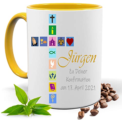 Konfirmation Geschenk, bedruckte Tasse personalisiert mit Namen und Datum |Geschenk Idee| Kaffee Tee Tasse | Fototasse, Motivtasse | Kaffeetasse, Teetasse |Keramik (Gelb) von Print Deluxe