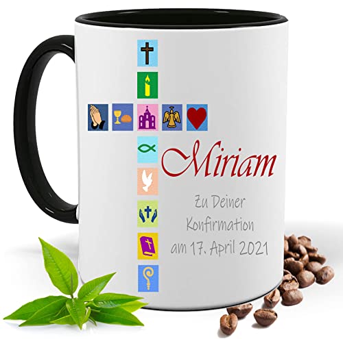 Konfirmation Geschenk, bedruckte Tasse personalisiert mit Namen und Datum |Geschenk Idee| Kaffee Tee Tasse | Fototasse, Motivtasse | Kaffeetasse, Teetasse |Keramik (Schwarz) von Print Deluxe