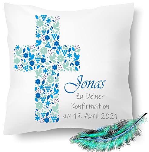 Print Deluxe Konfirmation Geschenk, bedrucktes Kissen personalisiert mit Namen und Datum |Geschenk Idee,Dekokissen | Kuschelkissen 40X40 Bedruckt | Kissenbezug (mit Kissenfüllung, Blau / Grün) von Print Deluxe