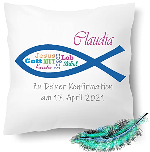 Konfirmation Geschenk, bedrucktes Kissen personalisiert mit Namen und Datum | Kirchliches Fisch Symbole |Geschenk Idee,Dekokissen | Kuschelkissen 40X40 bedruckt (ohne Kissenfüllung, Einfarbig) von Print Deluxe