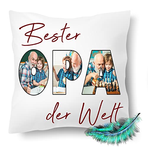 Opa Kissen personalisiert mit 3 Wunschbilder, Geburtstags Geschenk, bedrucktes Kissen Bester Opa der Welt | Großvater, Enkel | Kuschel Dekokissen, Zierkissen 40X40| Kissenbezug (mit Kissenfüllung) von Print Deluxe