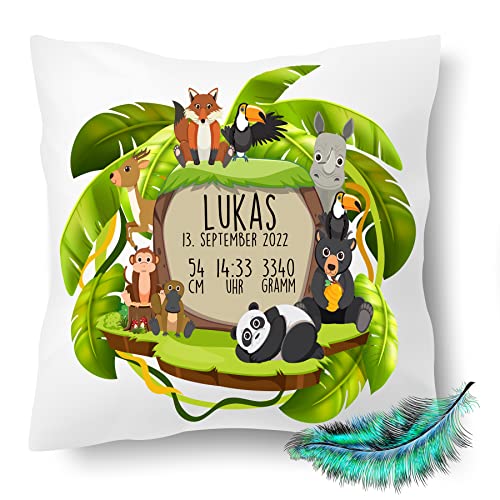 Personalisierbares Kissen zur Geburt für Jungen und Mädchen, Geburtskissen mit Namen, Geschenk, bedrucktes Dschungel Kissen | Dekokissen, Zierkissen, Taufe | Kuschelkissen 40X40 (mit Kissenfüllung) von Print Deluxe