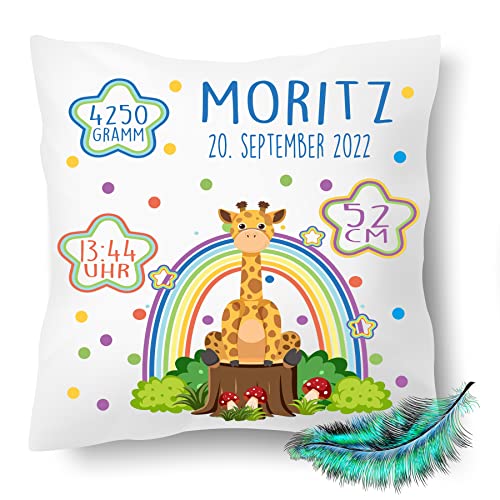 Personalisierbares Kissen zur Geburt für Jungen und Mädchen, Geburtskissen mit Namen, Geschenk, bedrucktes Giraffe Kissen | Dekokissen, Zierkissen, Taufe | Kuschelkissen 40X40 (mit Kissenfüllung) von Print Deluxe