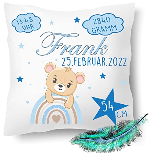 Personalisierbares Kissen zur Geburt für Jungen und Mädchen, Geburtskissen mit Namen, Geschenk, bedrucktes Teddy Kissen | Dekokissen, Zierkissen, Taufe | Kuschelkissen 40X40 (ohne Kissenfüllung) von Print Deluxe