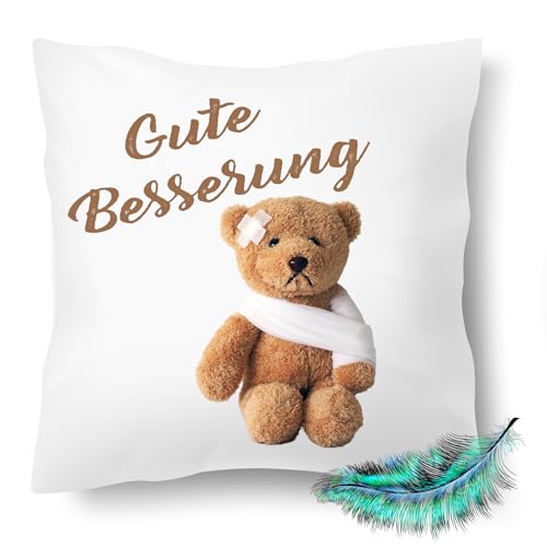 Print Deluxe Kissen Gute Besserung Teddybär verletzt, Krankengeschenk, Krankenkissen| Kuschelkissen| Fotokissen | Motivkissen | Kissenhülle +Füllung | 40x40cm (mit Kissenfüllung) von Print Deluxe