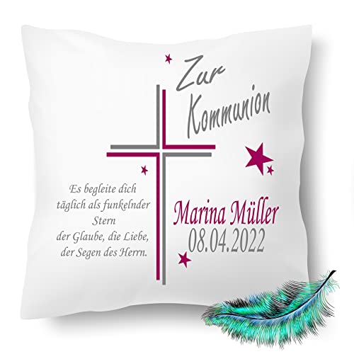 Print Deluxe Kommunion Geschenk, Personalisierbares Kissen bedrucktes für Jungen und Mädchen, mit Namen, Datum, eigenem Spruch,| Dekokissen,| Kuschelkissen 40X40 (mit Kissenfüllung, Magenta) von Print Deluxe