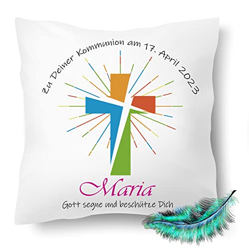 Print Deluxe Kommunion Geschenk, Personalisierbares Kissen bedrucktes für Jungen und Mädchen, mit Namen, Datum,Gott segne| Dekokissen,| Kuschelkissen 40X40 (ohne Kissenfüllung) von Print Deluxe