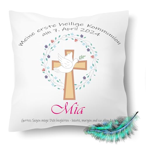 Print Deluxe Kommunion Geschenk, Personalisierbares Kissen bedrucktes für Jungen und Mädchen, mit Namen, Datum,Kreuz Taube Symbole| Dekokissen,| Kuschelkissen 40X40 (ohne Kissenfüllung) von Print Deluxe