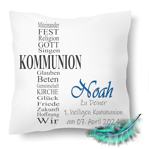 Print Deluxe Kommunion Geschenk, Personalisierbares Kissen bedrucktes für Jungen und Mädchen, mit Namen, Datum,Kreuz Wörter Anthrazit Symbole| Dekokissen,| Kuschelkissen 40X40 (mit Kissenfüllung) von Print Deluxe