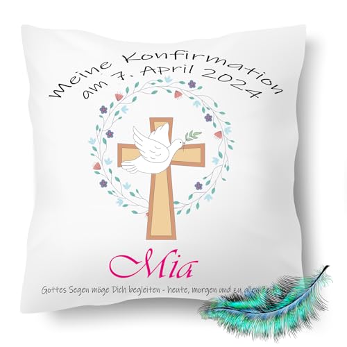 Print Deluxe Konfirmation Geschenk, Personalisierbares Kissen bedrucktes für Jungen und Mädchen, mit Namen, Datum,Kreuz Taube Symbole| Dekokissen,| Kuschelkissen 40X40 (mit Kissenfüllung) von Print Deluxe