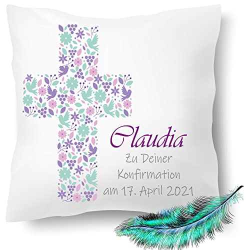 Print Deluxe Konfirmation Geschenk, bedrucktes Kissen personalisiert mit Namen und Datum |Geschenk Idee,Dekokissen | Kuschelkissen 40X40 Bedruckt | Kissenbezug (ohne Kissenfüllung, Pink / Grün) von Print Deluxe