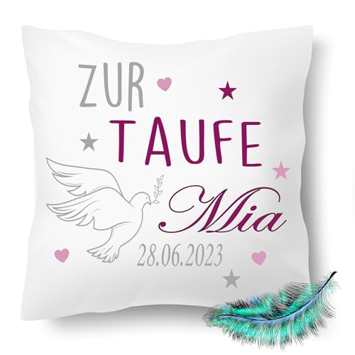 Print Deluxe Taufkissen, Personalisierbares Kissen bedrucktes zur Taufe für Jungen und Mädchen, mit Namen, Datum, Geschenk,| Dekokissen,| Kuschelkissen 40X40 (mit Kissenfüllung) von Print Deluxe